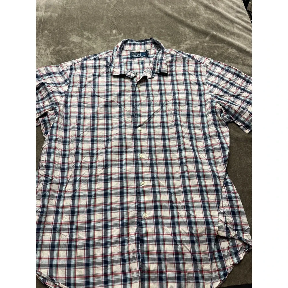 Polo Ralph Lauren‎ Mens XXL Short Sleeve Plaid Button Up Shirt Red Navy White